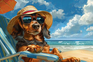 anthropomorphic dachshund dog with Panama hat wearing sunglasses sunbathing on a sun chair on a tropical beach, caricature