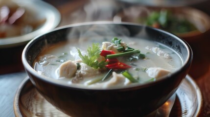 Close-up of a steaming bowl of fragrant Thai Tom Kha Gai soup, filled with lemongrass, galangal, and tender chicken, tantalizing the senses.