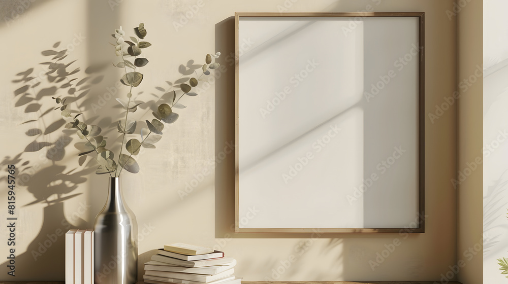 Poster empty vertical picture frame mockup hanging on beige wall cup of coffee books on wooden table vase w