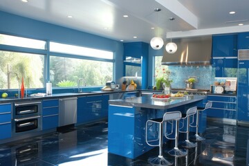 Spacious contemporary kitchen with blue cabinets and island under natural light