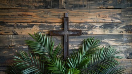 A captivating display of palm branches adorned with a metal cross set against a rustic wooden backdrop serves as a vivid representation of the spiritual journey spanning from Palm Sunday thr
