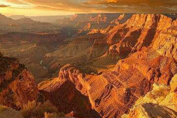 A spectacular canyon sunset with towering red rock formations bathed in golden light, casting long shadows across the rugged landscape as the sun dips below the horizon.