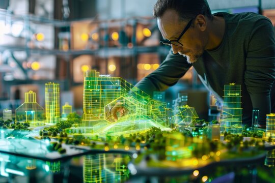 Architect Analyzing Holographic Model of Eco-Friendly Residential Area