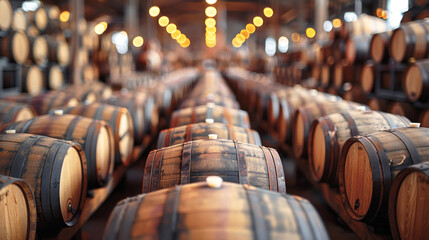 Whiskey, scotch, bourbon, scottish wine in barrels for aging, modern alcohol production. Winery, storage cellar.	
