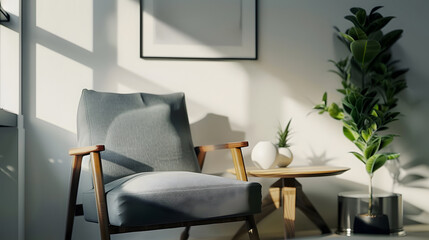 Grey armchair next to a wooden table in living room interior with plant and poster : Generative AI