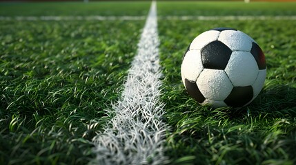 Close up of a white Soccer Ball next to a white Line on a green Pitch. Football Background