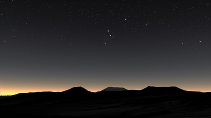 A serene night landscape with starry sky above silhouetted mountains and a hint of sunset on the horizon.