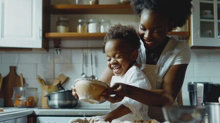 A mom and her son baking together and sharing smiles in the kitchen, realistic photography,minimalist background, clean and simple setting, free space - Powered by Adobe