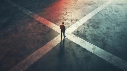 determined businessman at a crossroads concrete floor concept of life purpose direction and decision making dramatic lighting 3d render