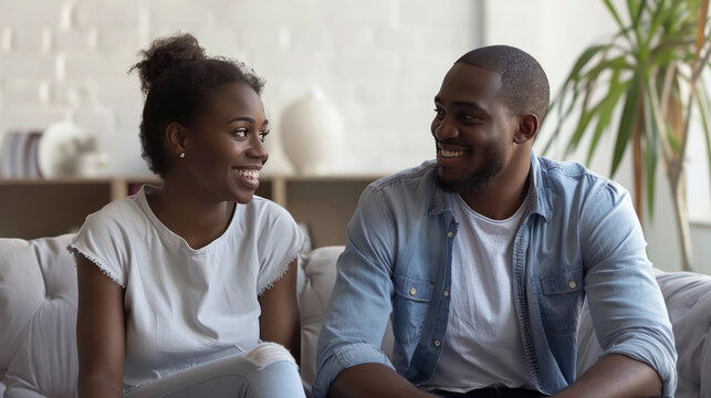 A mother and father discussing how to maintain a strong relationship while managing parenthood, realistic photography,minimalist background, clean and simple setting, free space