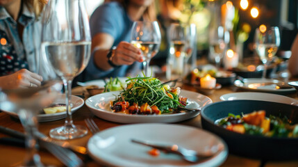 family dinner, laughter around the table ,realistic photography,minimalist background, clean and simple setting, copy space