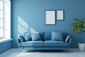 Elegant living room design featuring a cozy blue sofa, blank frames on the wall, and a potted plant