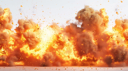 Intense fiery explosion with bright flames and flying sparks on a plain background