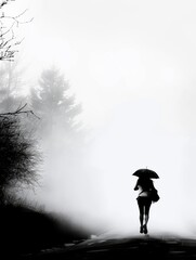 A black and white long exposure blurred photo of a woman carrying an umbrella running down the road in the rain