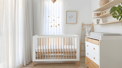 Interior of spacious babys room with white crib and dresser and wooden shelves in modern apartment : Generative AI
