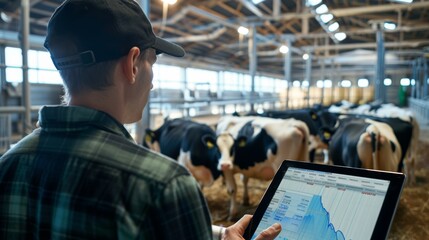Tech-Savvy Farmer Monitors Dairy Production Using Tablet in Modern Barn