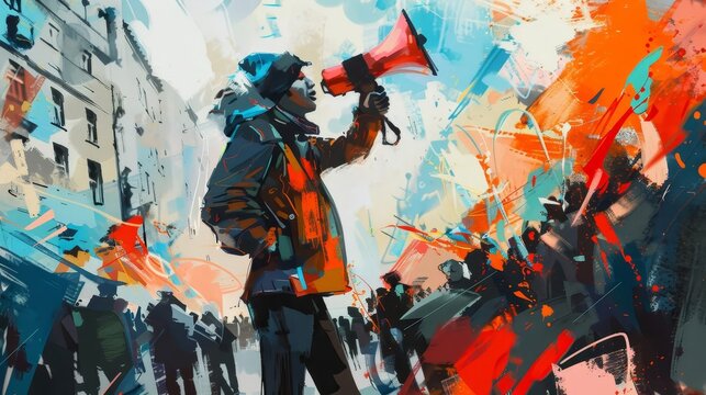 activist protesting with megaphone during strike crowd of demonstrators digital painting