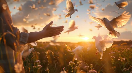 A woman is releasing doves into the sky with their hands, symbolizing freedom and hope during...