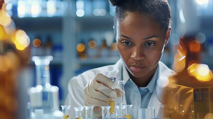 african american female scientist examining medicine vials in pharmaceutical lab diversity in healthcare and stem concept photo