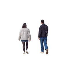 Un homme et une femme vus de dos marchant ensemble, vêtus de vestes épaisses, jean et collants...