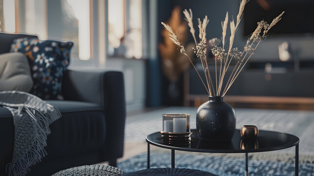 Warm and cozy living room interior with black armchair round coffee table patterned pillow navy carpet vase with dried flowers and personal accessories Home decor Template : Generative AI