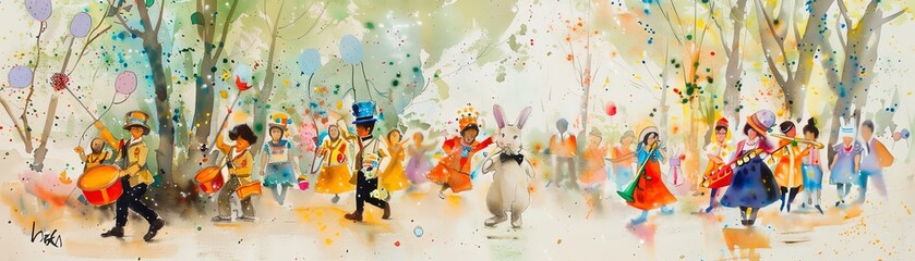 Fototapeta premium A festive Easter parade painted in watercolors, showcasing children in bunny costumes and bands playing cheerful tunes