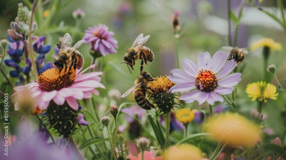 Poster close-up of bees buzzing around a patch of vibrant wildflowers, their busy activity essential to the