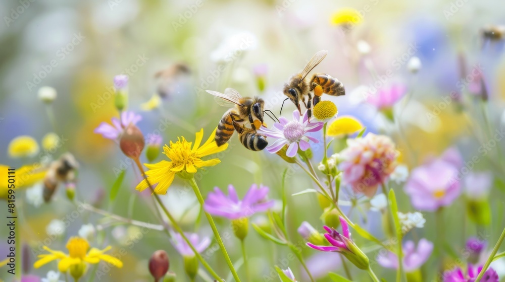 Poster close-up of bees buzzing around a patch of vibrant wildflowers, their busy activity essential to the