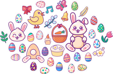 Large kit of gifts from surprises for Easter Day. Collection of colored eggs, funny Easter bunnies, plants and birds in bright spring colors. Set of multicolored symbols isolated on white background