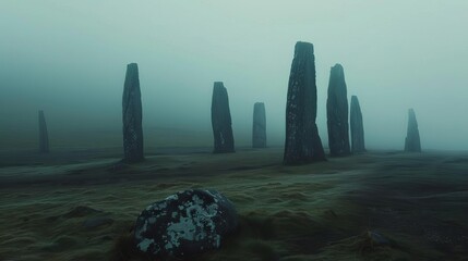 ancient callanish standing stones in misty landscape isle of lewis travel photo