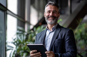 Fototapeta premium A man in formal wear and beard, holding a tablet with a smile in front of a tree