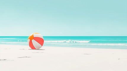 Obraz premium Minimalist illustration of a vibrant beach ball on pristine white sand, with a calm turquoise ocean and clear blue sky in the background. 