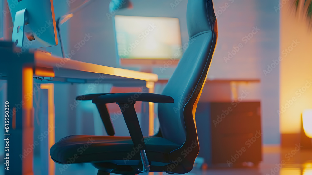 Poster comfortable office chair near table with modern computer : generative ai