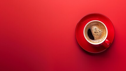 A red coffee cup sits on a red table. The cup is filled with coffee and has a small amount of cream in it. The coffee is steaming.