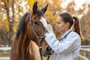 Obraz premium Elderly Veterinarian Providing Care to a Horse on a Rural Farm