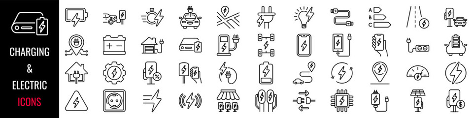 Charging icon set. Electric icon. Linear style. Vector illustration.