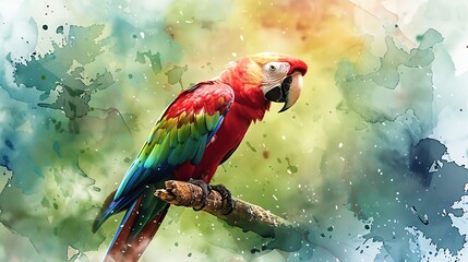 A vibrant watercolor of a parrot on a perch, its bright feathers a splash of color against a lush green background