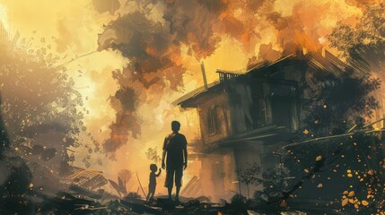 Fototapeta premium asian man and child in despair ruins of burning house tense scene of home loss digital painting