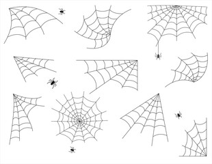 spider web set for halloween. scary black spider web isolated on white background.