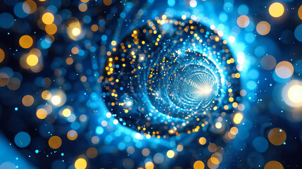 Blue background with white and yellow glowing spirals, digital technology concepts