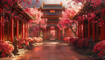 A beautiful red and pink garden with a red archway leading to a building by AI generated image