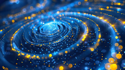 Blue background with white and yellow glowing spirals, digital technology concepts