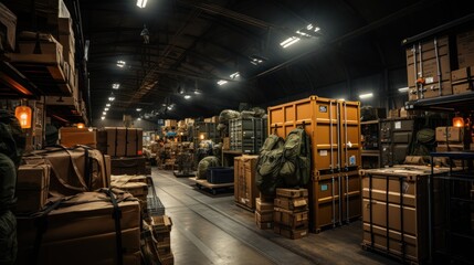 Warehouse on a military base. Soldiers and workers during warehouse work. Military supply system for modern military operations. Redistribution of ammunition and weapons for modern warfare.