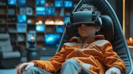 A boy wearing virtual reality glasses sits on a sofa in a futuristic living room. 