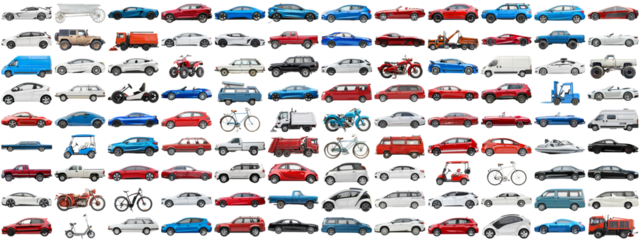 108 cars and various vehicles set of sedan, sports car, super car, bus, electric car, race car and other motor vehicles, many car photo collection set on isolated background AIG44