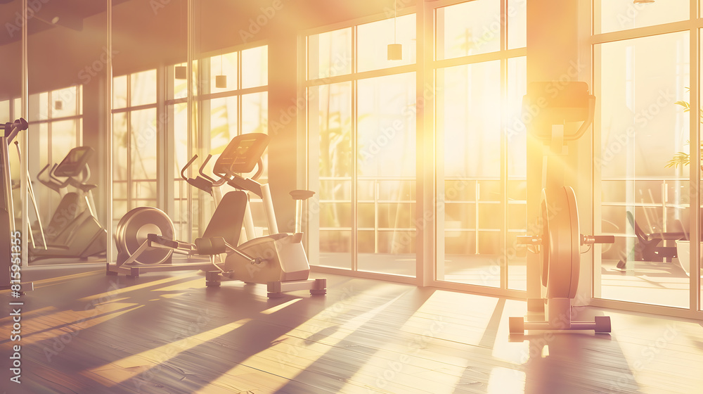 Poster sunshine fitness and empty gym for exercise workout and training sunlight room and a club for sports