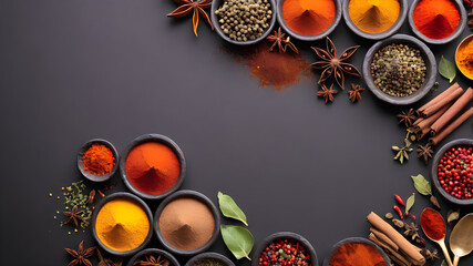 Various spices on wooden presentation in front of black background, chili pepper, cumin, mint, black pepper, Generative AI