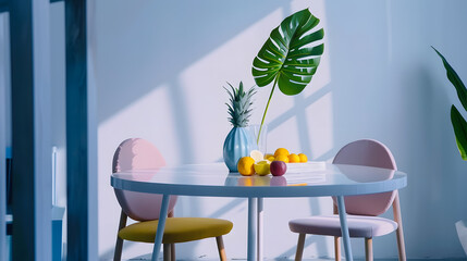 Obraz premium Stylish composition of dining room interior with design table modern chairs decoration tropical leaf in vase fruits bookcase abstract mock up paintings and elegant accessories in home : Generative AI