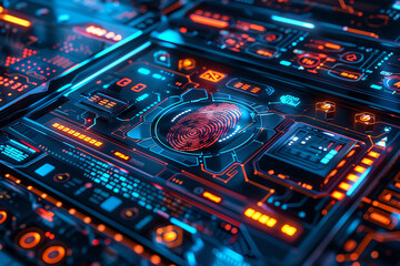 Obraz premium Futuristic illustration of a fingerprint scanner. Glowing orange lines and symbols on a dark blue background. Generative ai.