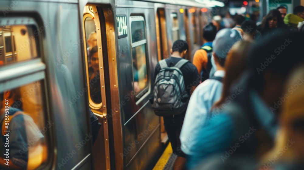 Poster commuters boarding a crowded subway train, reflecting the efficiency of public transit systems.